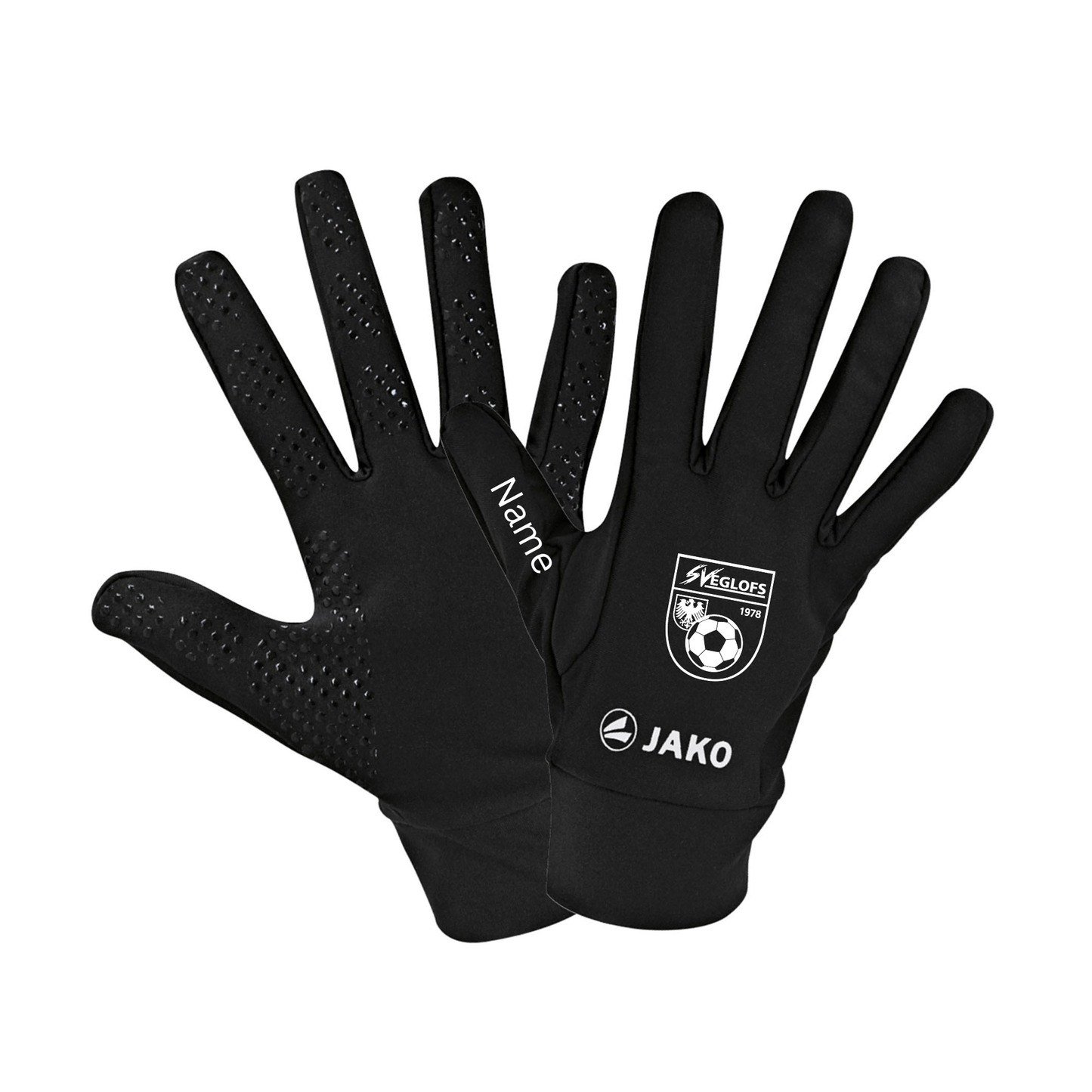 Handschuhe bedruckt mit Wappen SVE & Initialen