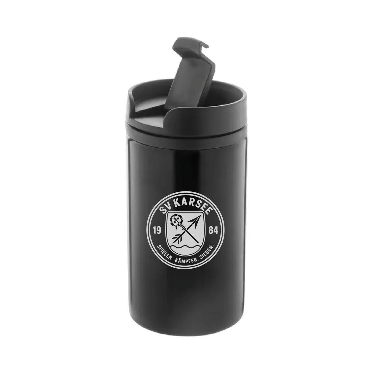 Thermobecher lasergraviert mit Wappen SV Karsee & Namen